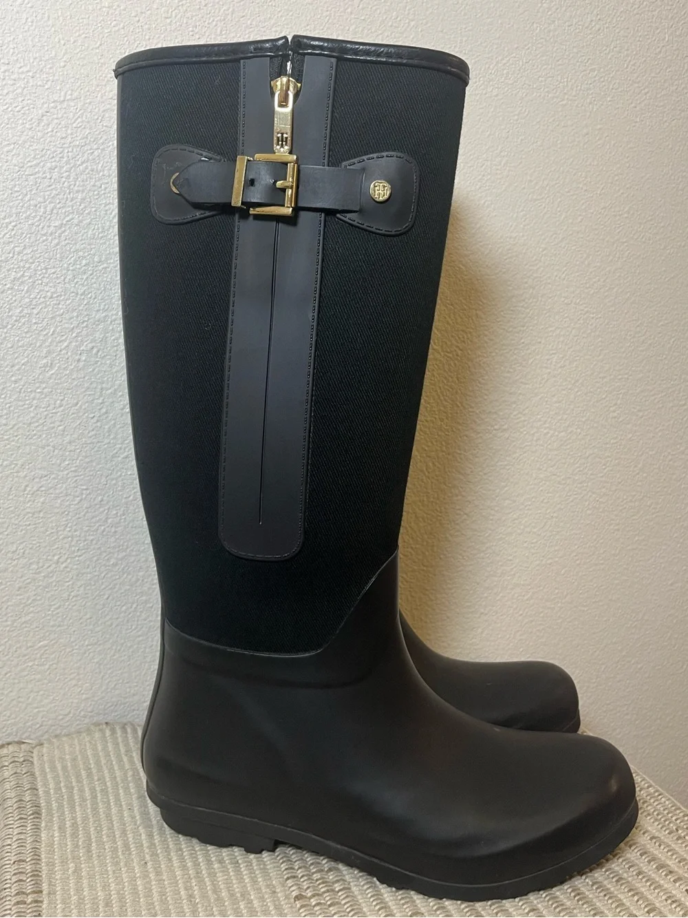Black Tall Rain Boots with Gold Buckle Accent Women’s Size 9
